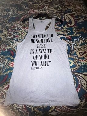 Divided Grey Racerback Tank with Black Kurt Cobain Quote Print